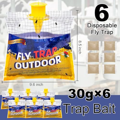 Fly Traps Outdoor Hanging for Patio, 6 Pre-Baited Flies Bags Disposable - size: 6 pack