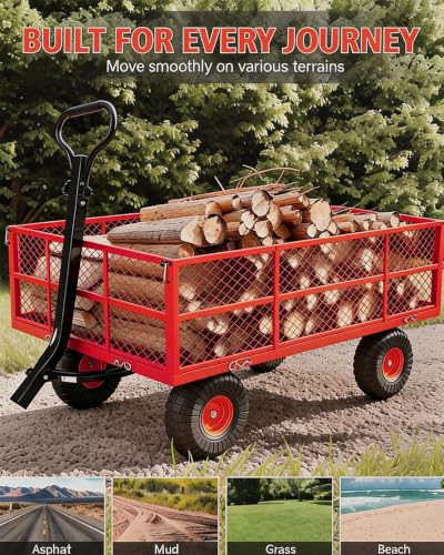 Steel Garden Cart - 1200 lbs Heavy Duty Utility Wagon, Removable Mesh Sides, 2-in-1 Handle, 13" Tires for Outdoor Yard, Lawn, Garden Tasks - Red (Pantone 186C, HEX: #E03C31) | 1200 lbs | Red - - color: Red, size: 1200 LBS