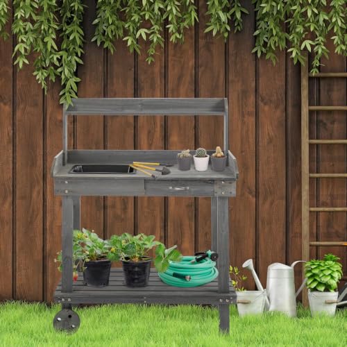 36" Wooden Potting Bench Work Table with Wheels, Removable Sink, Drawer, Shelves & Garden Storage Workstation (Gray) - color: Gray