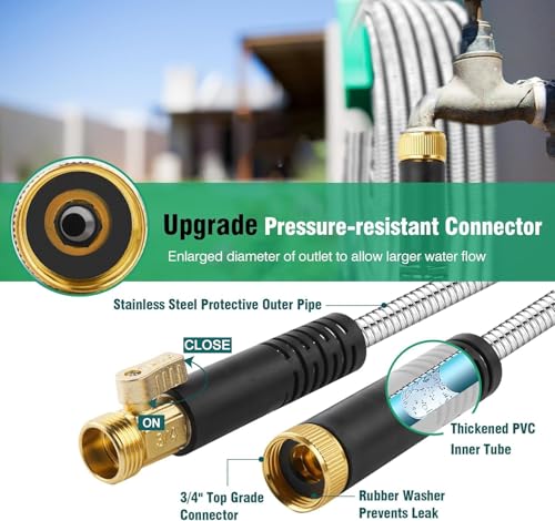 200FT Metal Garden Hose 304 Stainless Steel Flexible Water Hose - No Kink & Tangle Heavy Duty Pipe with Nozzle, Durable 3/4 Metal Fittings and Valve - Rust Proof Puncture Proof for Yard Lawn - color: Silver, size: 200FT