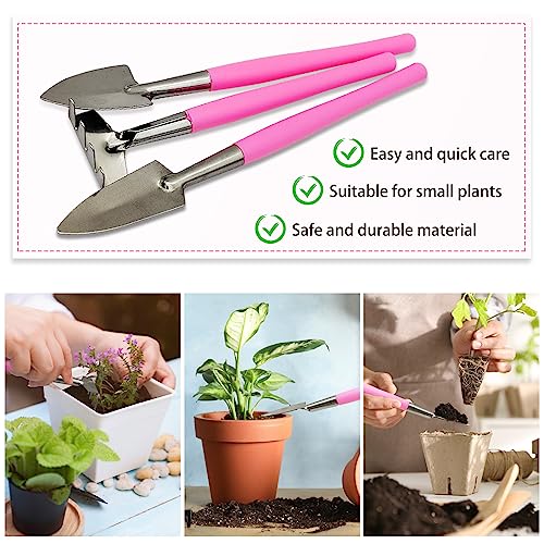 Mini Gardening Tools, 3Pcs Stainless Succulent Tools Kit Shovel Rake Trowel, 2 Colors Hand Shovel for Gardening for Indoor Small Plants, Succulents, Potted Plants, Bonsai (Pink)