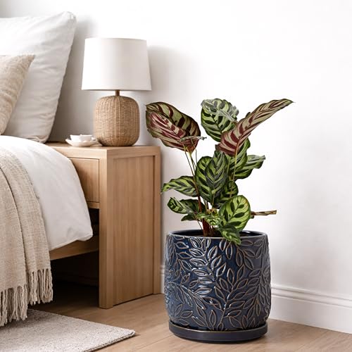 D'vine Dev Embossed Leaves Ceramic Planter, 8 in, Midnight Blue, 27-A-Q-3 - color: Midnight Blue, size: 8 Inch