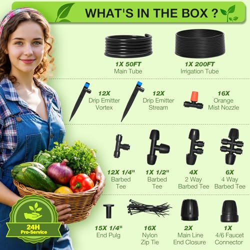 MIXC 250FT Drip Irrigation System Kit, Quick-Connect Garden Misting Watering System with 1/2” 1/4” Tubing Adjustable Nozzles Sprinklers for Indoor Outdoor Garden Potted Plant Lawn Greenhouse - size: 50FT Main Tube+200FT 1/4'' Tube