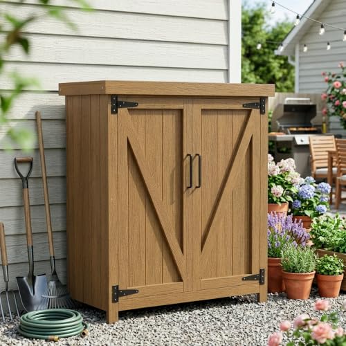 Weatherproof Outdoor Storage Cabinet, HIPS Waterproof Cabinet, Teak - color: Teak