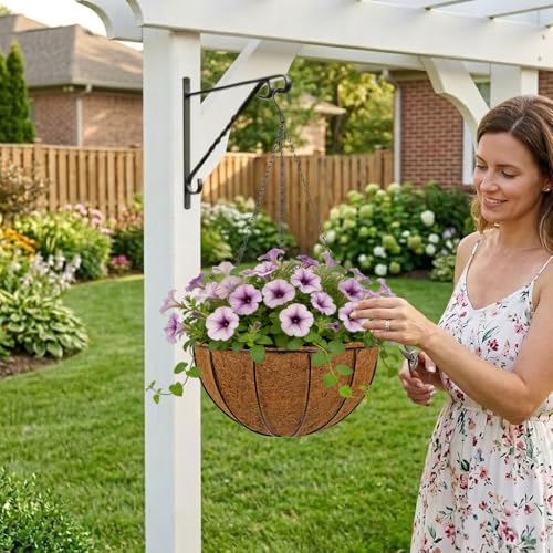 14 Inch Metal Hanging Basket with Coco Coir Liner for Flowers Planting - size: 14" & 2 Pcs