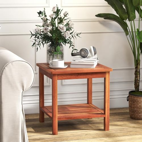HAPPYGRILL Adirondack Outdoor Side Table Patio 2-Tier Square End Table, Acacia Wood Coffee Table for Porch, Poolside, Backyard, Garden, Balcony, Living Room - size: 18x18x18-A