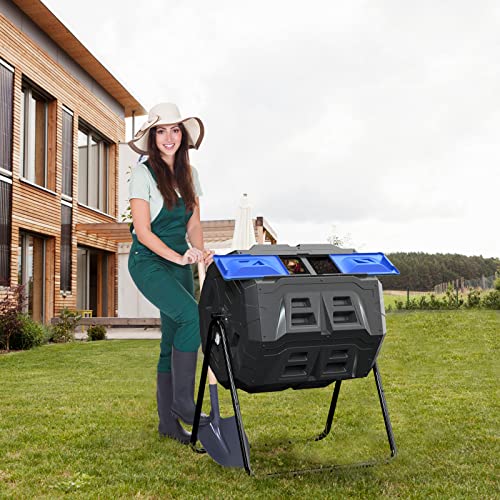 SQUEEZE master Large Compost Tumbler Bin - Outdoor Garden Rotating with Thermometer -Automatic Temperature Measurement-Sturdy Steel Frame - 43Gallon (2-21.5Gal)- Blue Door - color: Blue