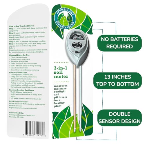 Houseplant Health Meter, 3-in-1 Soil Moisture, Sunlight & pH Testing Tool