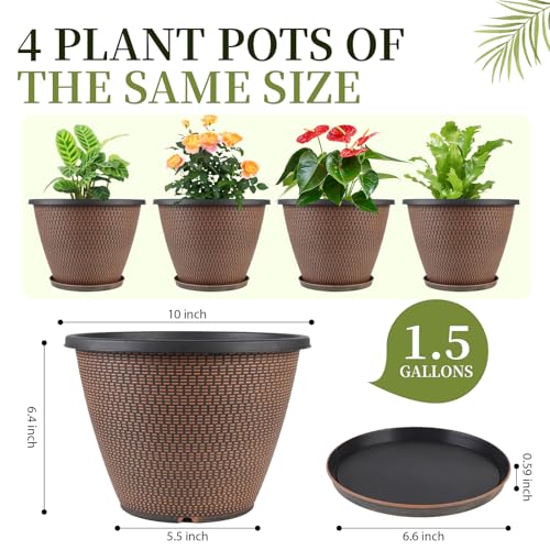 4 Pack 10 inch Plant Pot for Outdoor Indoor, Plastic Flower Pots with Trays - color: Knit Pattern-black Copper, size: 10 Inch - 4Pack