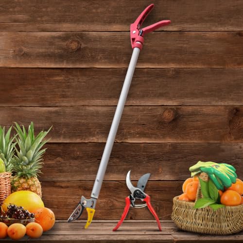 Altdorff Cut and Hold Pruner Set, Lightweight 32-Inch Long Reach Pruner One-Handed Operation, Hold Long Reach Cut Rotating, 8.3" Hand Pruner for Branch Pruning, Fruit Picking, Prickly Plants & Roses