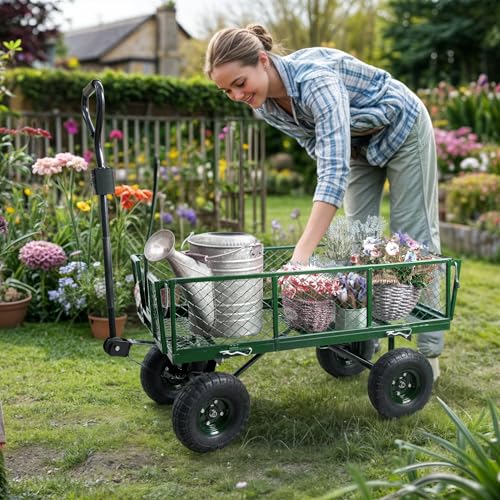 Backyard Expressions Heavy Duty 600 Lbs Capacity Mesh Steel Garden Cart Folding Utility Wagon with Removable Sides and (4) 10 Inch Wheels (Green) - style: 600 Lb