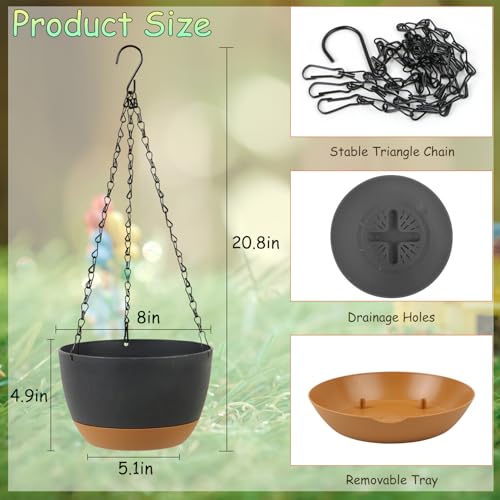 LIYDE 3 Pack Hanging Planters, 8 Inch Small Hanging Pots Self Watering Hanging Planters for Indoor Plants with Drainage Holes and Removable Tray Hanging Basket (Grey) - color: Gray