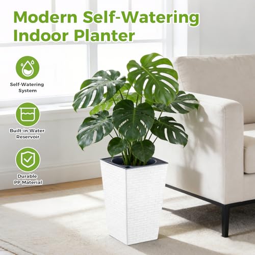 Self Watering Pots for Indoor Plants, 2 Pack Flower Pots Self Watering Planter 10.7" x 6.9" Plastic Pots African Violet Wick and Grow Pots Tall Orchid pots Square Large Plant Pots, White - color: White
