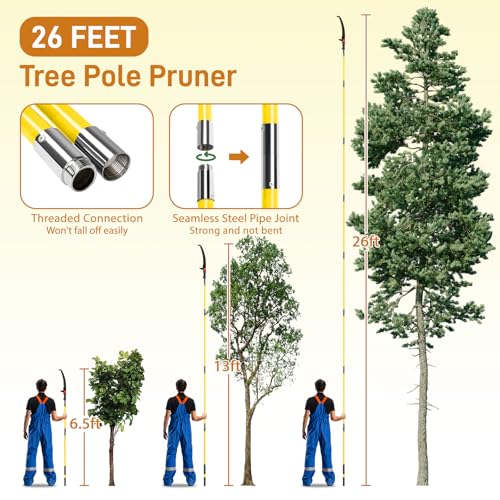 VINGLI 26FT Manual Pole Saw for Tree Trimming, Extendable Tree Pruner, Sharp Steel Blade and Scissors, High Tree Branch Cutter with Lightweight 8 Fiberglass Long Handles, for Pruning Palms and Shrubs - color: Yellow, size: 26ft