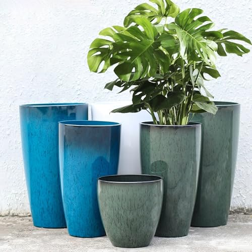 24,21,11 Inch Large Plastic Planters with Drainage Hole and Saucer - Set of 3 Tall Plant Pots Indoor Flower Pot Tall Round Planters Outdoor Large Tall Planter - color: Dark Green