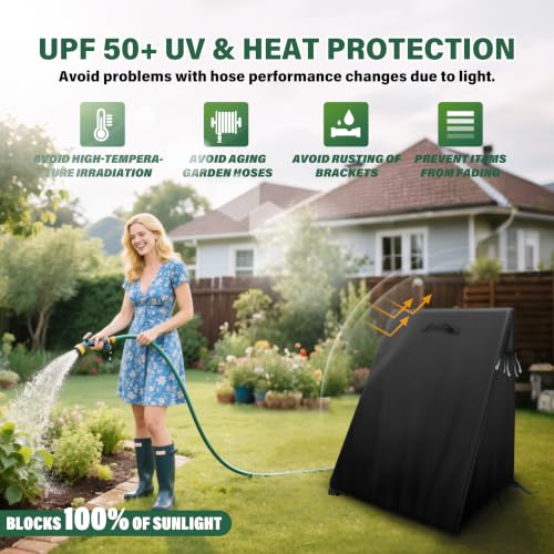 2-Wheels Garden Hose Reel Cart Cover – Weather-Resistant Protective Cover for Outdoor Hose Reels & Carts, Protects Against Sunlight, Rain, Snow, Sandstorms – Black - color: Black - Two Wheels Hose Reel Cart Cover, size: 0-200FT