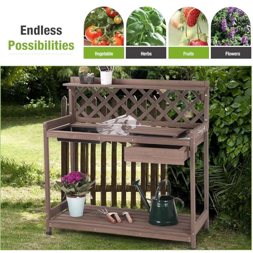 GUTINNEEN Potting Bench Outdoor Gardening Work Bench with Sink & Lid, Wooden Planting Table for Outside with Storage, Drawer, Shelf, Hook