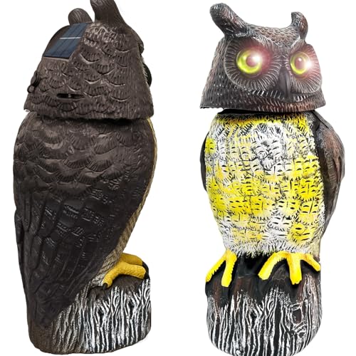 GIFTEXPRESS 1Pcs Solar Power Owl Decoy – 17" Motion Sensor Pest Repellent with Rotating Head, LED Eyes & Sound – Fake Horned Owl for Garden, Yard, Balcony, Farm, Patio, Roof, Lawn- Life Size