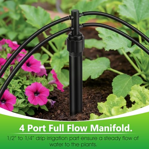 2 Pack 1/4" Drip Irrigation Manifold, 4 Port Sprinkler Adapter for 1/2" Sprinkler Riser, Built-in Filter for Stable Water Flow, Drip Irrigation Parts for Lawn & Garden Watering Systems