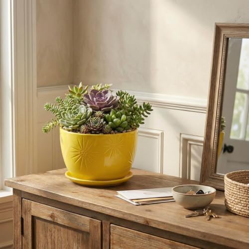 MyGift 7 Inch Yellow Ceramic Planter Pot with Sunburst Design & Saucer - color: Yellow