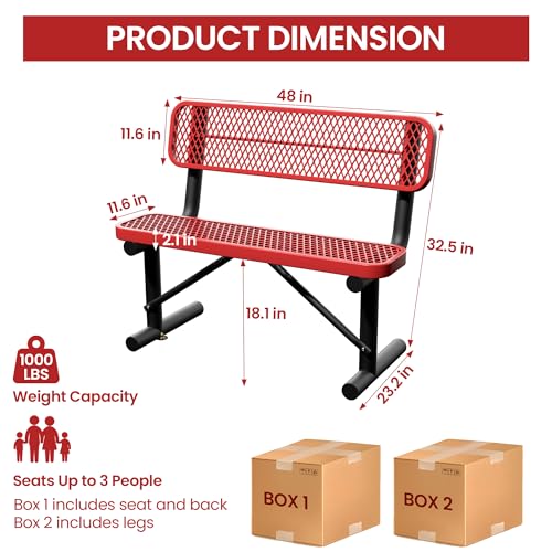 4 Feet Steel Park Bench for Outside, Outdoor Bench with Backrest & Portable Frame, Commercial Benches for Shopping Malls, Stores, Parks, Patios, Decks, Red - color: Red, size: 4 FT