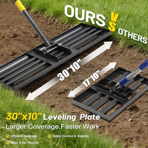 Lawn Leveling Rake,30x10 Inch Ground Plate,72 Inch Adjustable Long Handle Yard Level Tool with Curved Edge,Heavy Duty Large Landscaping Lawn Leveler for Grass, Golf Field, Soil Sand Dirt Spreader - size: 30"x10", 72"