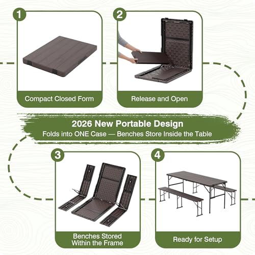 Picnic Table Set with 2 Benches,6 Feet Folding Camping Table Chair Set with Wood Grain Tabletop,3-Piece Outdoor Indoor Portable Folding Furniture for Party, Camping, Picnic, Weddings (Brown) - color: Brown