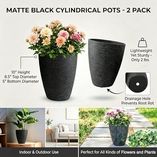 10 Inch Garden Planter Lightweight Indoor Outdoor Pots with Drainage Hole for Potted Plants Flowers Greenery, Set of 2, Black Grain Texture - color: Black Grain Texture