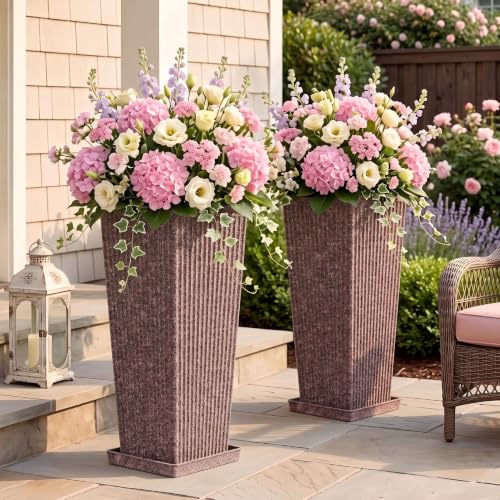 Square Tall Planters for Outdoor Plants with Tray - Stone Finishes - color: Reddish Brown-stone Finishes