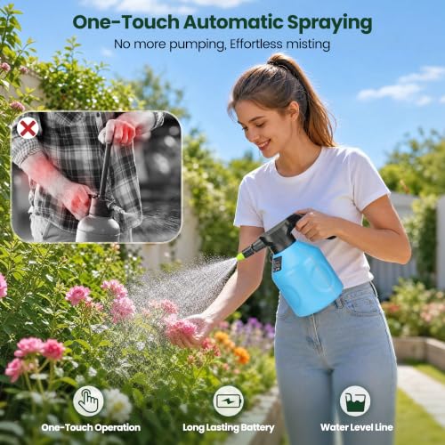 TaroKitc Electric Spray Bottle 2L/0.5 Gallon, 3 Speed Adjustable Battery Powered Garden Sprayer, Rechargeable Automatic Plant Mister with Adjustable Nozzle for Indoor/Outdoor Plants