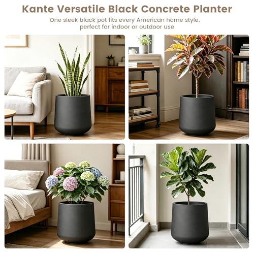 Kante Accent Round Curved Black Concrete Planter 13" Dia, Outdoor - color: Burnished Black, size: 11.6" D