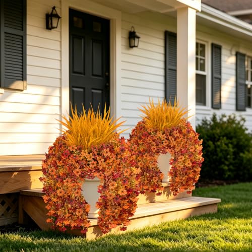 7PCS Artificial Fall Hanging Flowers for Outdoor, Six-Petaled Faux Mums - color: Orange