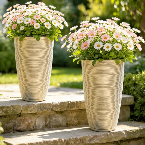 24" Large Outdoor Planters for Plants, Cream Beige Tall Flower Pots - color: 23.5"h-ivory Stripes Texture