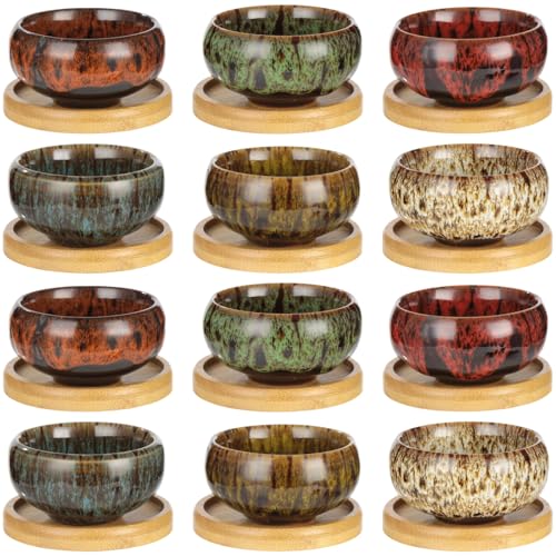 OMISTAR 12 PCS Mini Ceramic Succulent Pots 2.5 in, Colorful Glazed Planters with Drainage Hole, Small Round Flower Pots with Bamboo Trays, Indoor Desktop Windowsill Plant Pot Set
