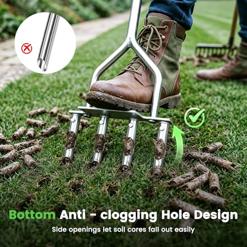 Manual Lawn Core Aerator with 4 Hollow Tines, Plug Aerator Tool