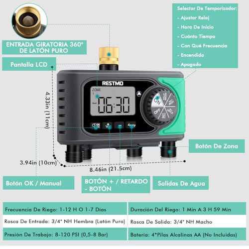 RESTMO 4-Zone Sprinkler Timer, Programmable Water Timer for Garden Hose - size: 4 Zone