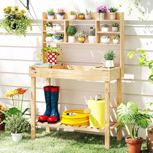 MAT EXPERT Potting Bench Table, 60" Garden Table with Open Shelves, Flip-Up Table, Display Rack, Side Hooks, Wooden Plant Bench, Garden Storage, Outdoor Workbench for Garden, Patio, Yard - color: Natural