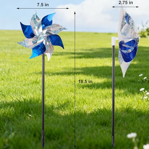Hausse 12 Pack Reflective Blue Pinwheels with Stakes (Pre-assembled), Extra Sparkly Pin Wheel for Garden Decor, Bird Repellent Devices Deterrent to Scare Birds Away from Yard Patio Farm, Silver & Blue - color: Silver & Blue