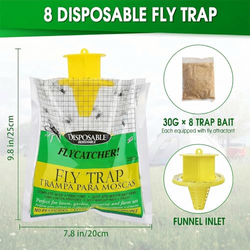 Fly Traps Outdoor Hanging, Natural Pre-Baited Bug Catcher Bags, Non-Toxic Flying Insect Killer for Outside Home, Patio, Trash Can, Horse Stables, Farm, Pastures, Backyard & Camping,4 Pack