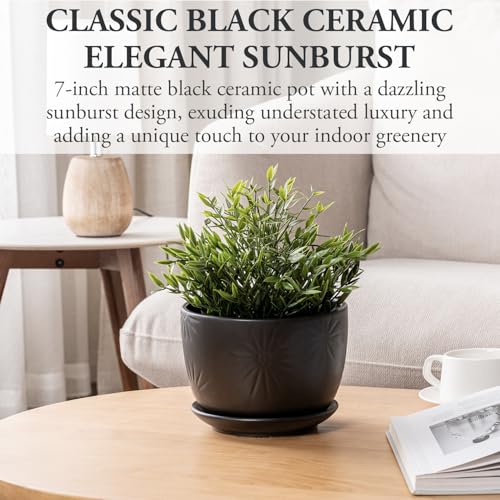 MyGift 7 Inch Black Ceramic Sunburst Planter Pot with Attached Saucer - color: Matte Black