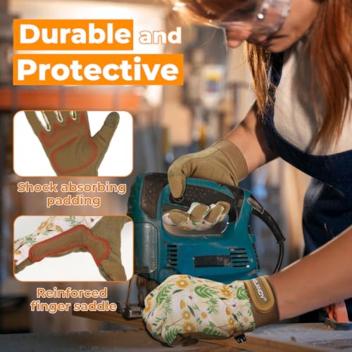 HANDLANDY Work Gloves for Women, Breathable Leather Gardening Glove for Yard Maintenance, Hand Protection with Touch Screen - color: Flower Brown, size: Medium (Pack of 1)