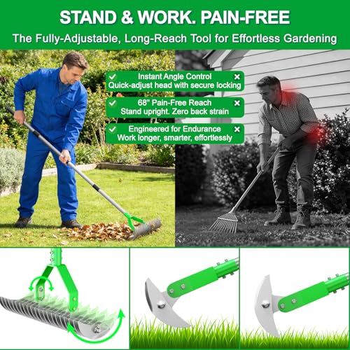 21-Tine Thatch Rake for Lawn,15" Heavy Duty Dethatcher Rake with 68" Handle - color: Green