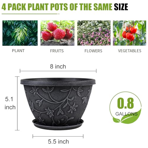 Nooulap 4 Pack 8 Inch Plant Pots, Lightweight Small Plastic Planters, Gray - color: Imitation Magnolia, size: 8 inch