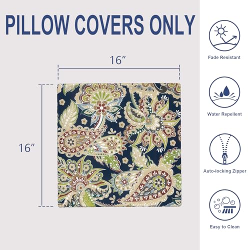 Outdoor 16x16 Inch Throw Pillow Covers Set of 2, Covers ONLY, All Weather Square Pillow Cases, Patio Cushion Pillow of Home Furniture Use, Paisley Sapphire Blue - color: Paisley Sapphire Blue, size: 16" x 16" (Pack of 2)