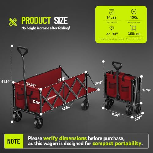 HIKEMOON 43'' Extra Long Folding Wagon with Extended Tailgate, Red - color: Burgundy