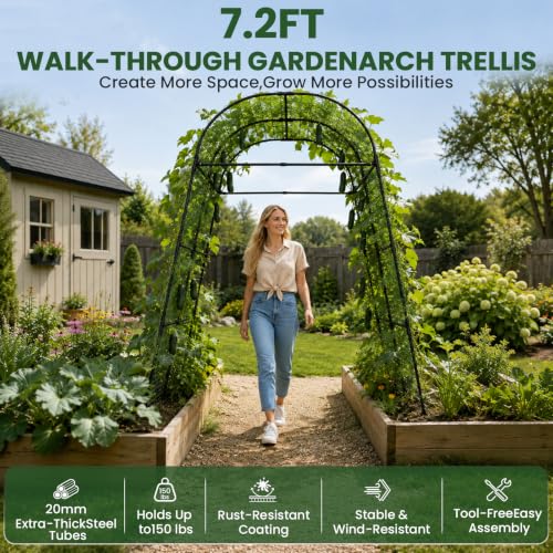 Heavy Duty Garden Arch Trellis for Climbing Plants, 20mm Thick Rustproof Metal Frame, Easy Assembly No Tools, 7.2ft Tall Vine Support with Netting & Gloves for Cucumbers Beans Roses