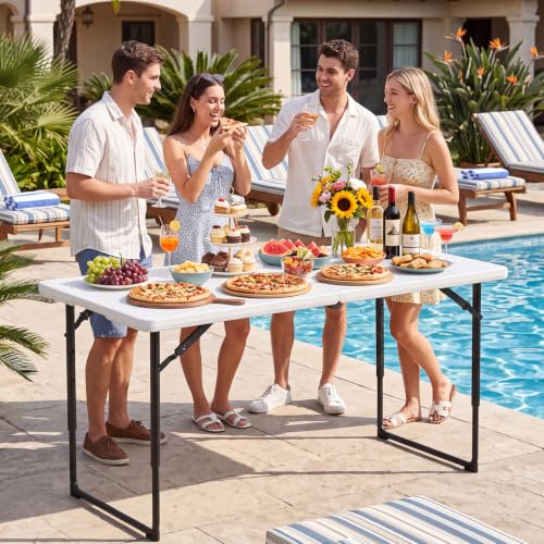 Folding Table, 4FT Foldable Picnic Table with Adjustable Height, Heavy Duty Fold-in-Half Portable Table for Weddings, Camping, RV Travel, Parties, BBQs, and Indoor Use, Easy to Fold and Store - color: White, size: 4FT