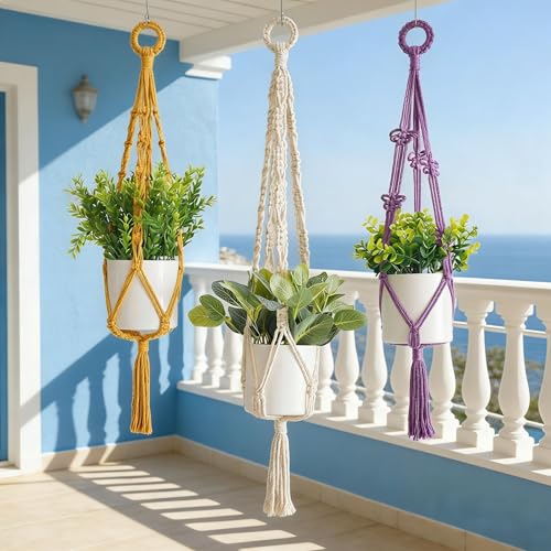 Macrame Plant Hangers Indoor, 3 Pack Ceiling Flower Pot Holder Macrame Plant Pots, Decorative Boho Plant Holders Set Macrame Hanging Planters (NO Plant Included)