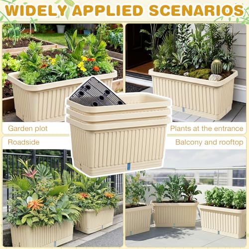 3 Pcs Large Rectangular Planter Boxes Outdoor, Beige, 20 Inches - color: Beige, size: 20 Inches