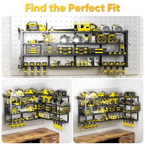 POKIPO Extra Large 64" W Power Tool Organizer Wall Mount, 1000 lbs Load Capacity, Heavy Duty 4 Tier Garage Storage Rack with 8 Drill Holders, 2 in 1 Corner or Straight Installation - size: 64” W